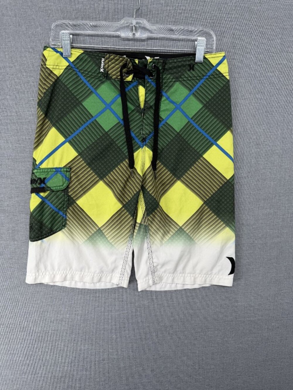 Hurley Board Shorts Mens 28 10" Plaid Swim Trunks Drawstring Cargo Pocket Y2K